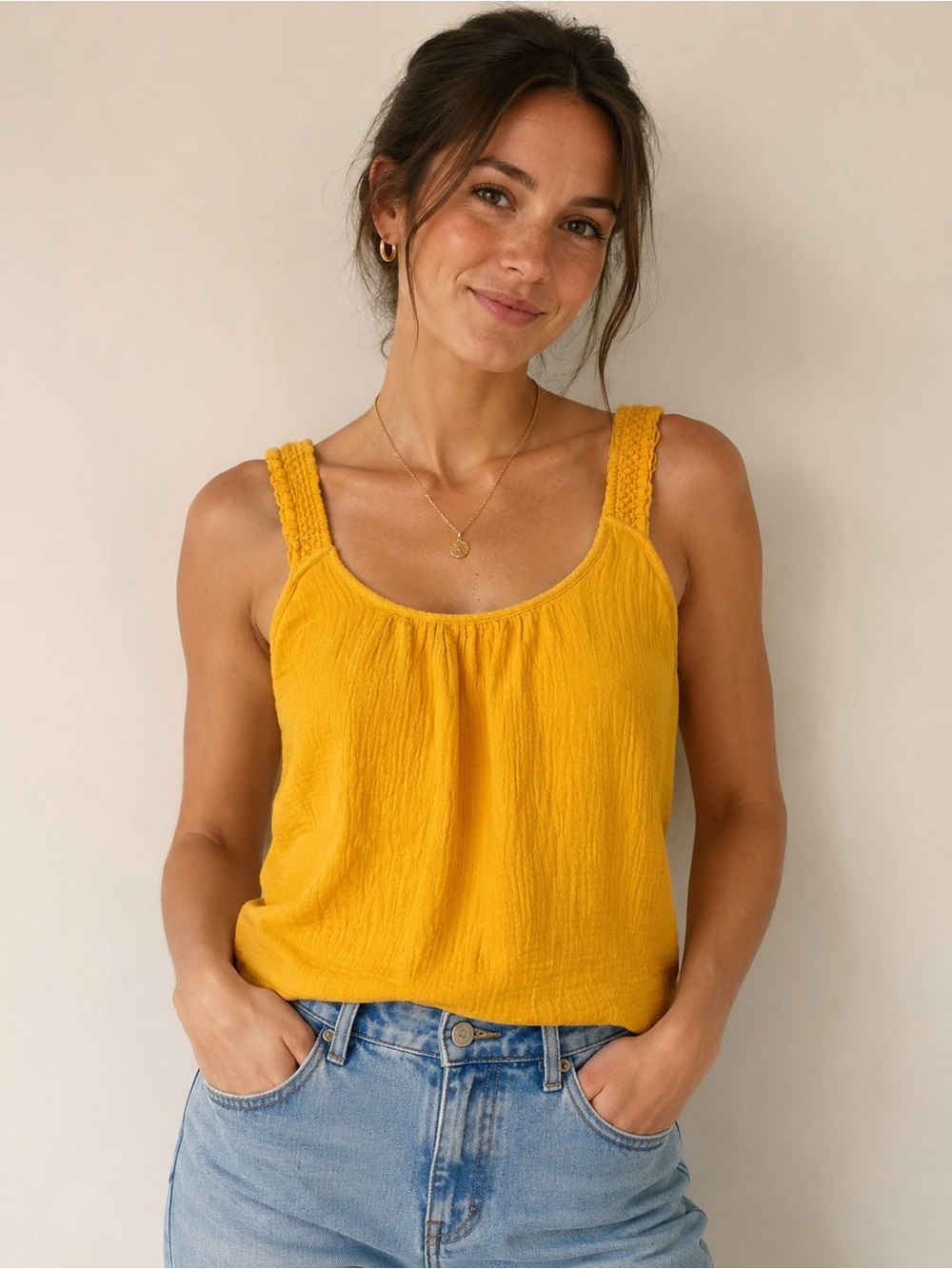 SUNDANCE Mustard Yellow Gauze Tank Top Size Large